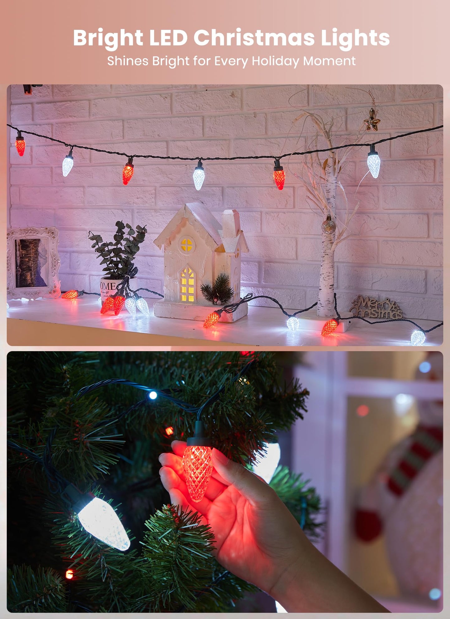 C9 Christmas Lights Outdoor Waterproof, 114 Feet 150 LED C9 String Light with Timer & 8 Light Mode, Connectable Christmas Tree Lights for House Outside Roofline Indoor Decoration, Red & Pure White