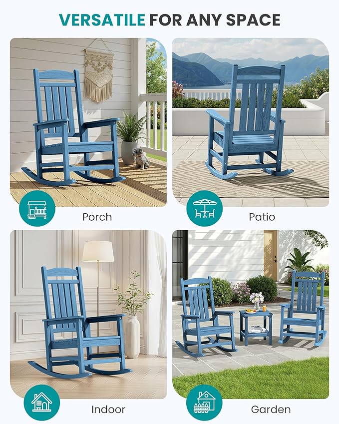 SERWALL Oversized Outdoor Rocking Chair, All-Weather Patio Rocking Chair, HDPE Porch Rocker for Adults, Blue