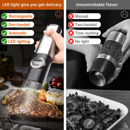 Electric Salt and Pepper Grinder Set with Base, USB Rechargeable Stainless Steel Pepper Mill, One-Handed Automatic Operation, Adjustable Coarseness, Led Light