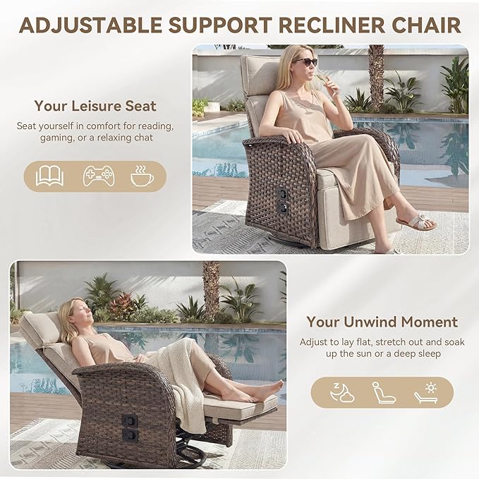 3 Pieces Zero Gravity Patio Swivel Rocking Recliner Chairs Set of 2 - Wicker Outdoor Lounge Chair with Side Table, Adjustable Backrest & Footrest, High Back Outdoor Recliner Chair for Pool Deck Beige