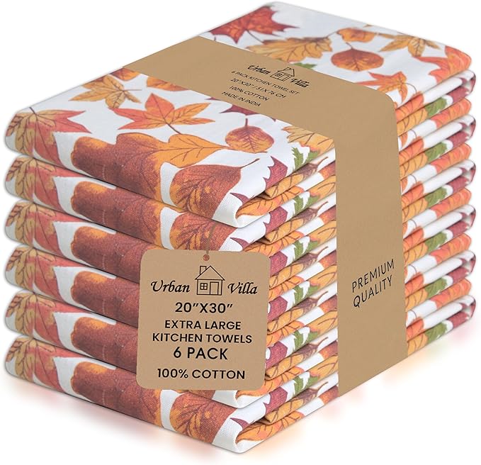 Urban Villa Kitchen Towels Harvest Leaves Print Dish Towels Set of 6 20" X30”