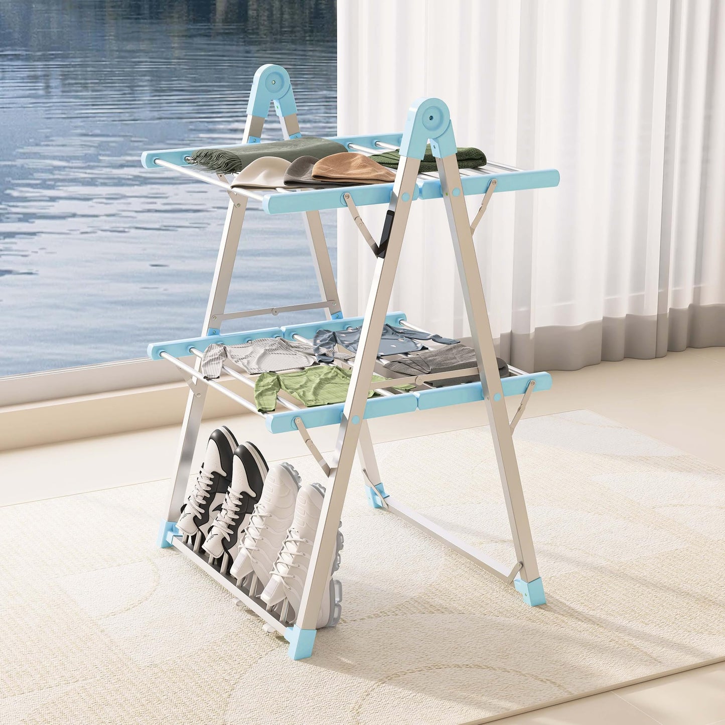 SHARNDY Electric Heated Clothes Drying Rack,Foldable Heated Garment Dryer with Timer Shut-Off Laundry Rack for Clothes Shoes Socks,Aluminum Alloy,Blue,Plug & Play,(39.37x25.98x23.82in)