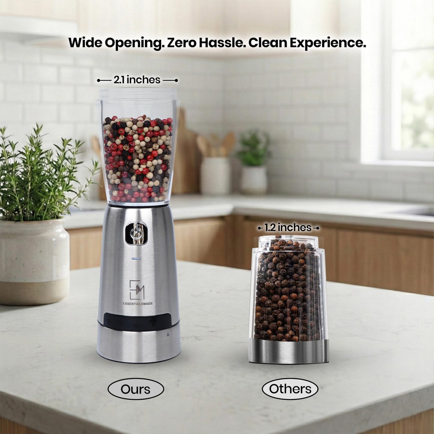 Essentialsmade Electric Salt and Pepper Grinder Set – Rechargeable Stainless Steel Mills – Upgraded 800mAh Battery, Large 200ml Capacity, & 5 Adjustable Coarseness Levels – Kitchen Seasoning Tools