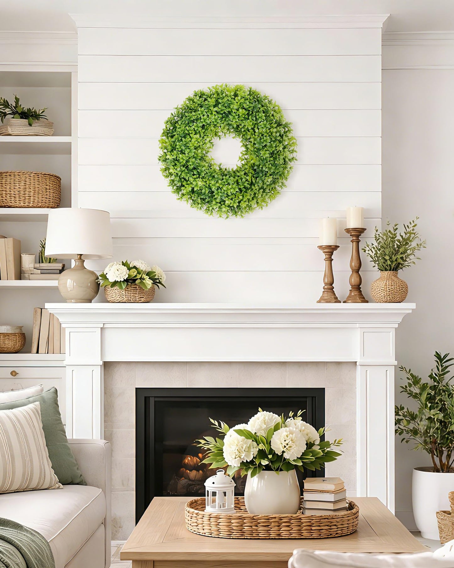 DDHS 23" Boxwood Wreaths Front Door, Artificial Spring Summer Wreath with Sash and Foldable, Green Year Round Indoor Outdoor for Farmhouse Fireplaces and Porches DIY St Patricks Day Decorations