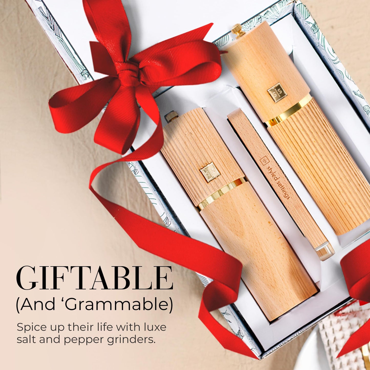 Wooden Salt and Pepper Grinder Set – Refillable Manual Salt and Pepper Mills with Adjustable Ceramic Burrs, Gold Detailing, and Wood Stand