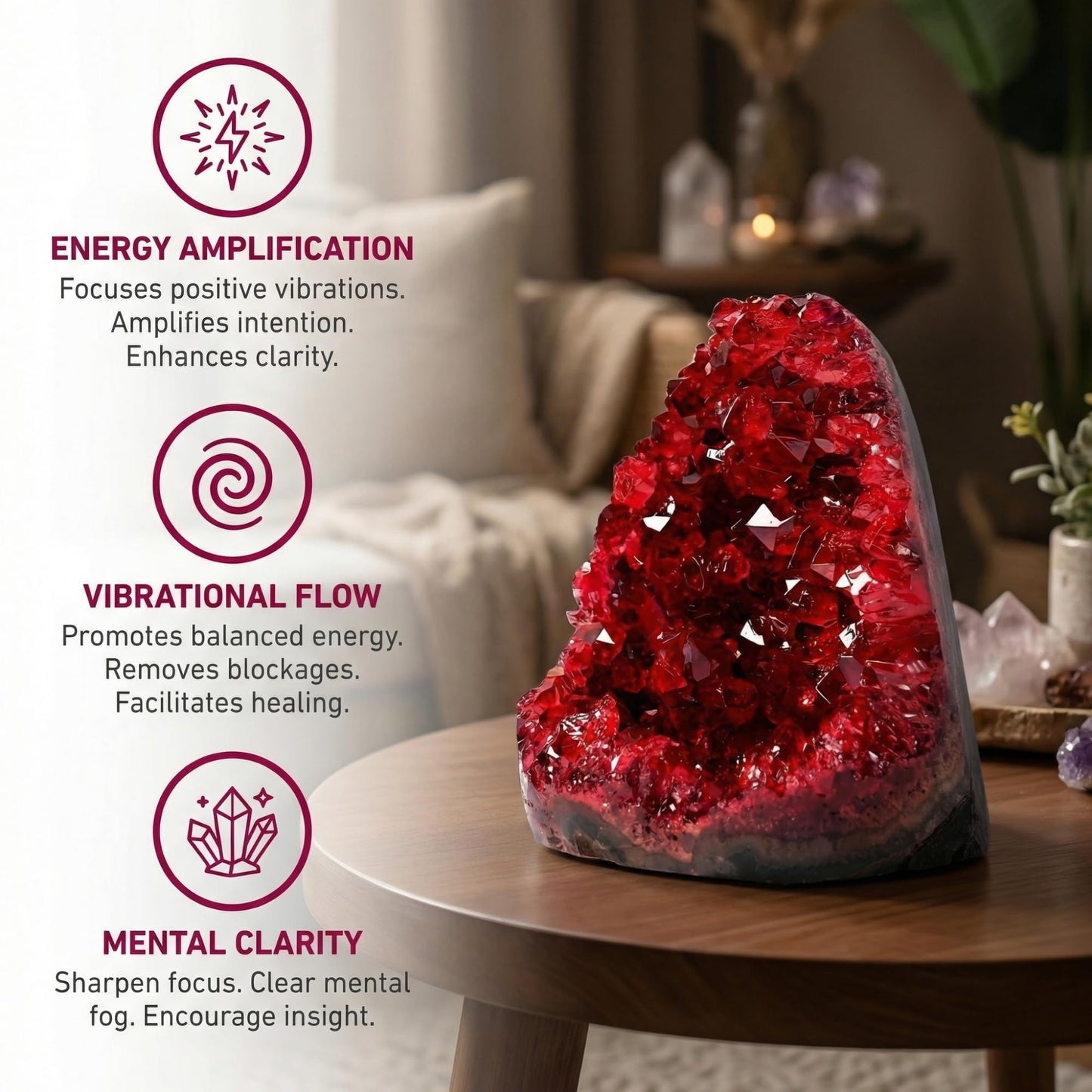 CrystalHola 1Pc Claret Raw Geode, Crystal Cluster for Home Feng Shui Ornaments Energy Stone Healing Tools Meditation Feng Shui Decoration,Stone Display Piece, Mineral Specimen (100-200g)