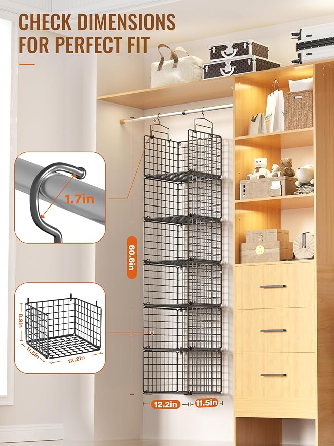 6 Tier Closet Hanging Organizer, Metal Closet Organizers and Storage