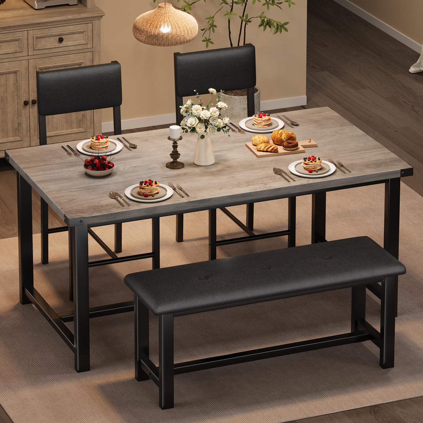 Garvee Wooden Dining Table Set for 4, Kitchen Table and 2 Upholstered Chairs with Bench, Rectangular Dining Room Set, for Small Space, Apartment, Home, Easy Assembly, Retro Gray