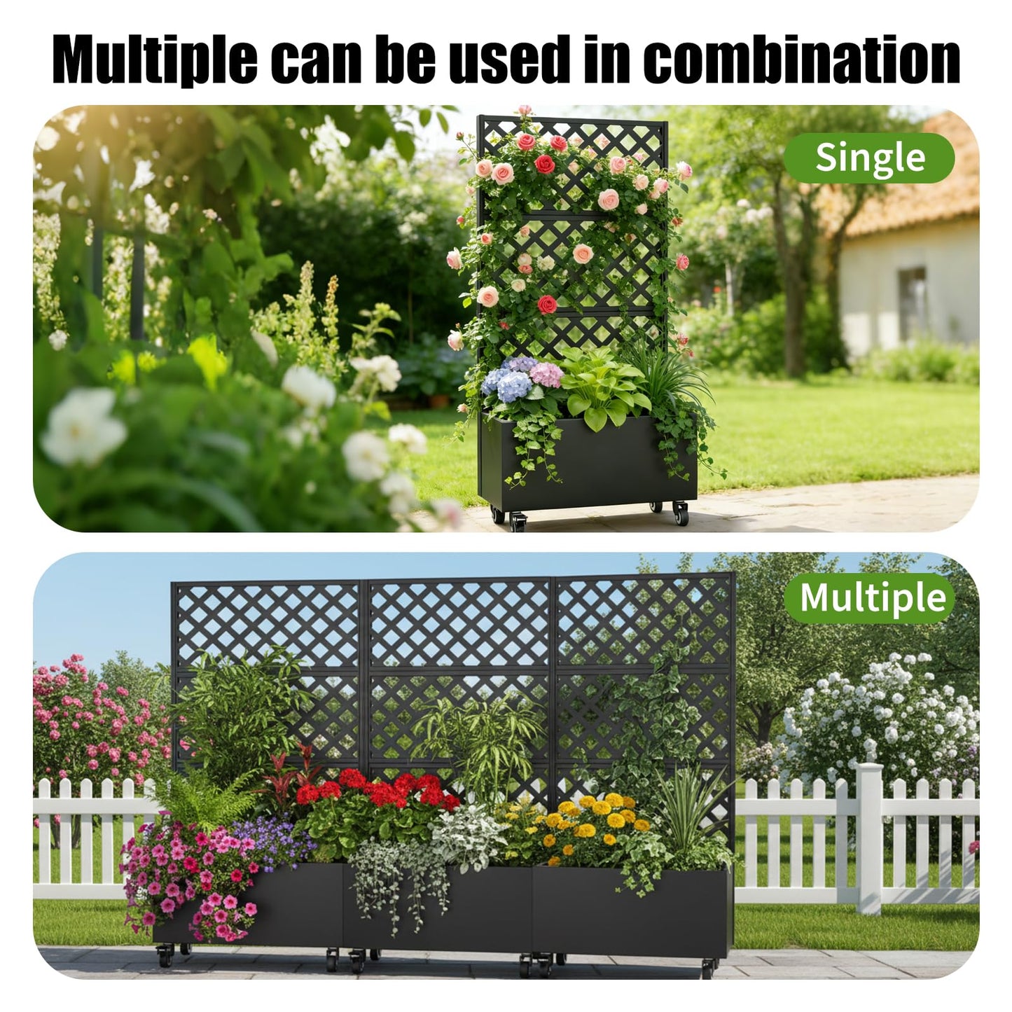Riflevault 72" Planter Box with Trellis & Wheels, Planter Boxes Outdoor with Drainage Hole for Climbing Plants, Raised Planter with Privacy Screen, Black