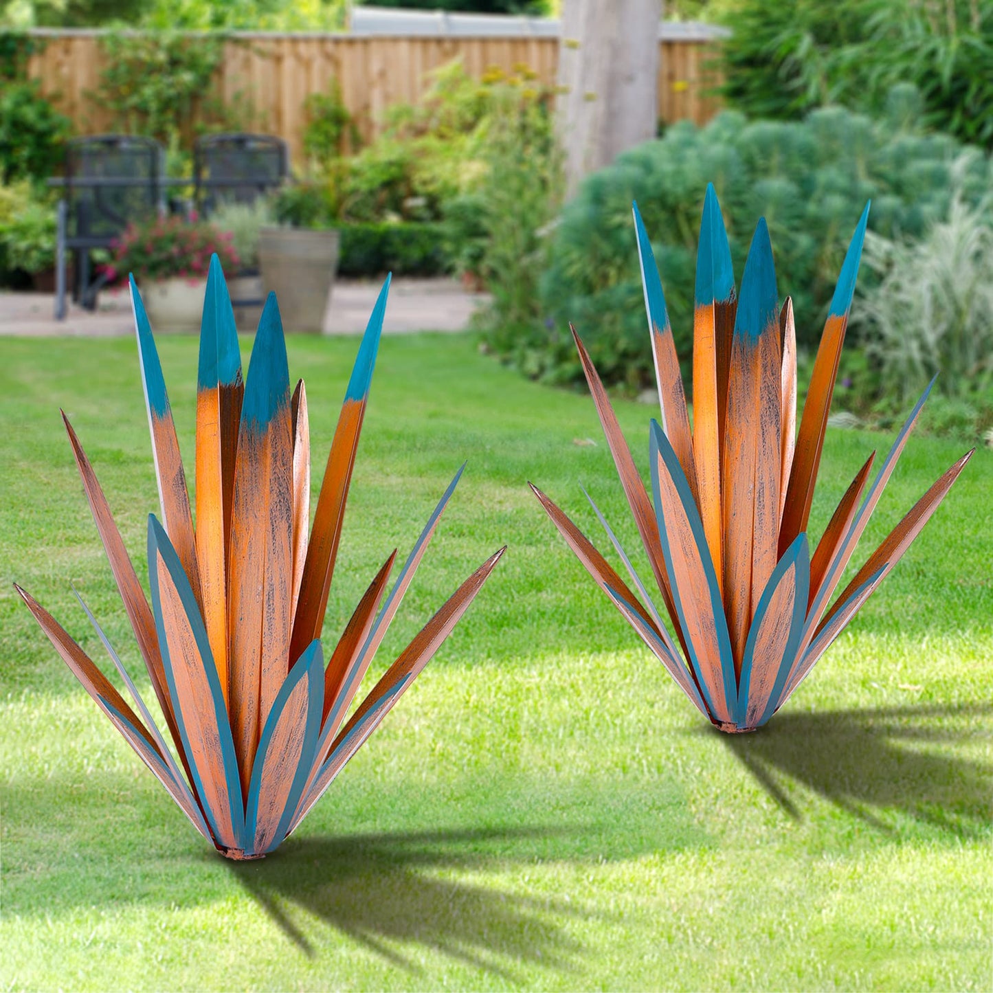 TOMBABY Large Leaf Thickened Metal Agave Plant Outdoor Decoration Desert Courtyard Art Plant Garden Decoration Outdoor Metal Art Floral Gift for Yard (2, Blue)