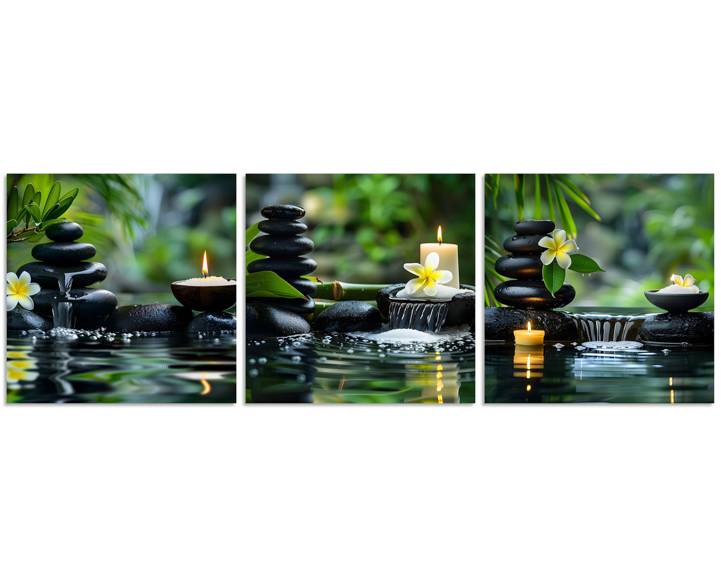 TutuBeer 3 Panels Zen Wall Art Zen Pictures for Bathroom Spa Stone Green Bamboo White Frangipani Flower Pictures Print on Canvas for Home Office Kitchen Wall Decor Stretched and Framed 12x12inchx3