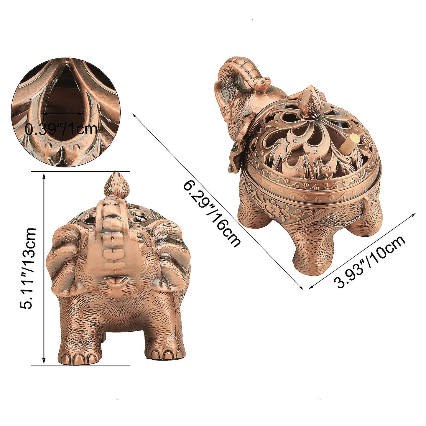 K COOL Alloy Incense Holder Stand Elephant Cone Coil Incense Burner Ash Catcher with Lid, Aromatherapy Ornament Home Decoration for Indoor Outdoor (Red Copper)