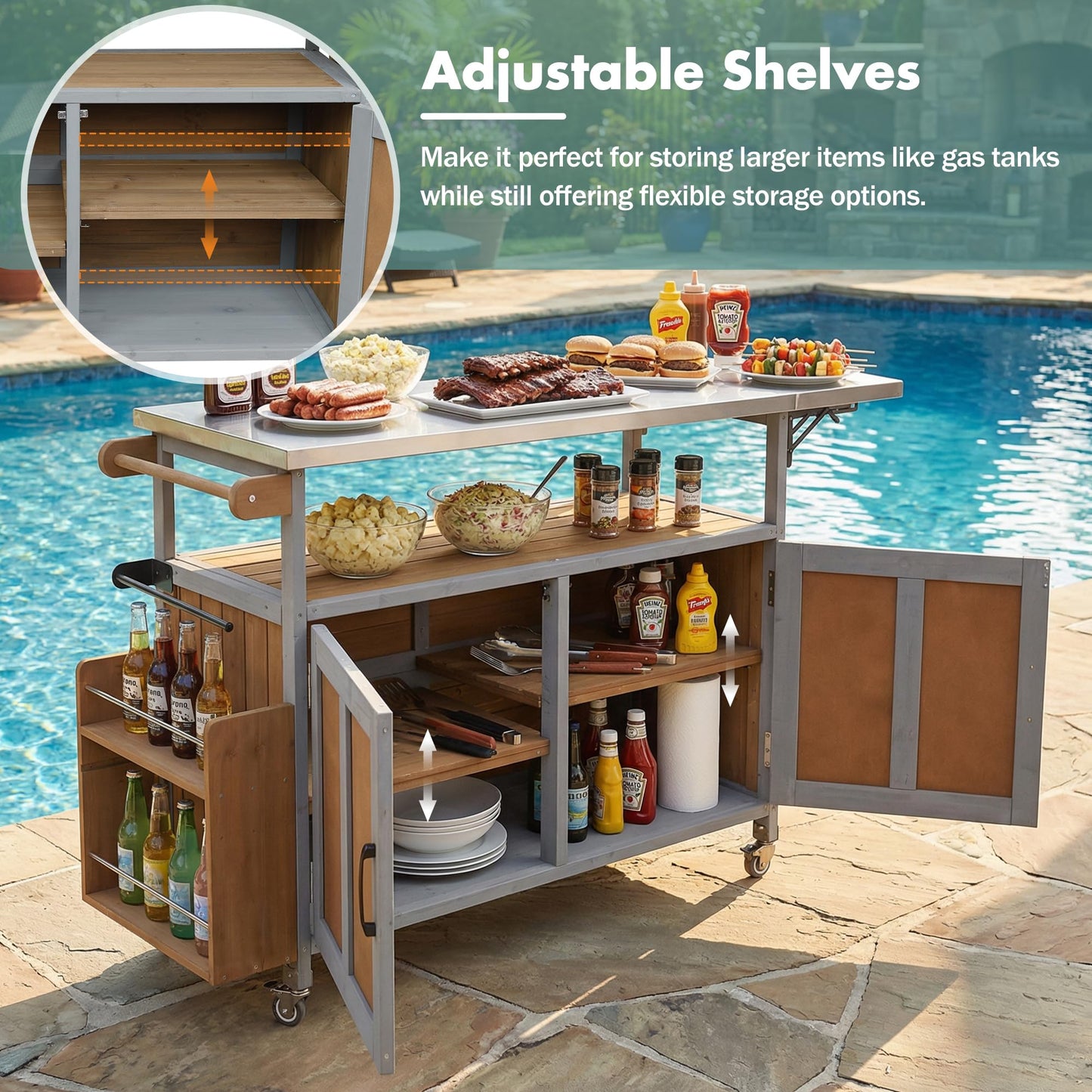 Merax 60.6" Outdoor Mobile Kitchen Island on Wheels with Stainless Steel Tabletop, Foldable Patio Grill Cart Table with Large Storage Cabinet and Towel Rack for Backyard, Garden, Espresso