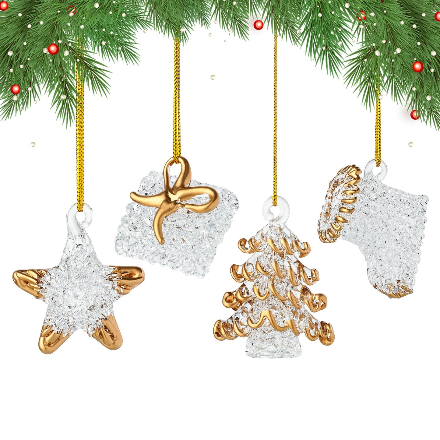 Set of 4 Crystal Glass Christmas Ornaments Glass Christmas Star Crystal Hanging Ornaments for Xmas Tree Winter New Year Party Supplies