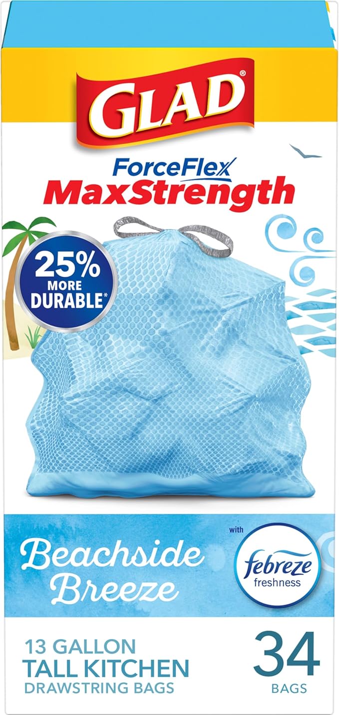 Glad Tall Kitchen Trash Bags 13 Gallon, MaxStrength Beachside Breeze Garbage