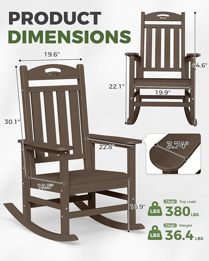 Oversized Outdoor Rocking Chair, HDPE All Weather Resistant Rocking Chairs for Patio, High Back Porch Rocker Chair, 380lbs Weight Capacity, Brown