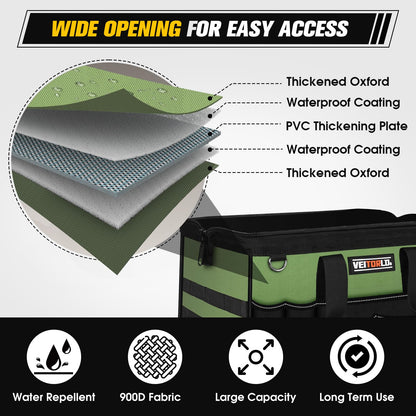 16-Inch Heavy Duty Tool Bag, 19-Pockets Tool Box Organizer, Portable Toolbag W/Soft Handle for Organized Storage, Mechanic Gifts for Men Dad Husband Fathers Day, Wide Mouth Electrician Toolbox, Green