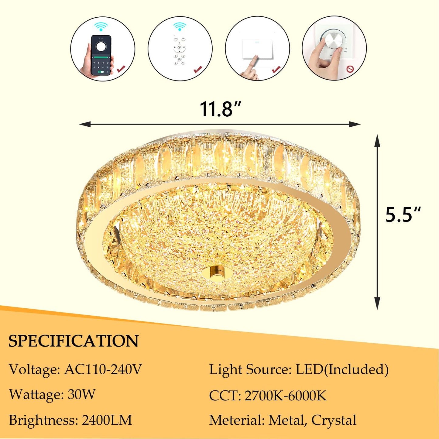 AFQEJG 11.8" Modern Mini Crystal Chandelier Dimmable LED Flush Mount Ceiling Light with Remote Control for Bedroom Hallway Dining Room Gold