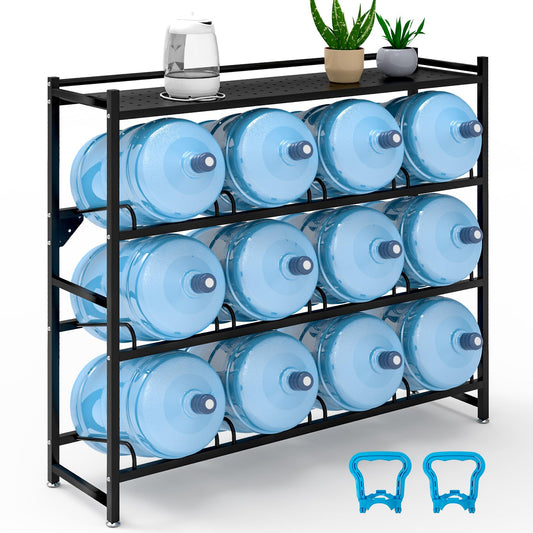 Eastrexon 5 Gallon Water Jug Holder Heavy Duty，4-Tier Water Jug Rack w/Top Shelf, Wall Mount Water Bottle Holder for 12 Bottles, Powder Coated Water Rack Stand for Home, Office, Restaurant, Gym.