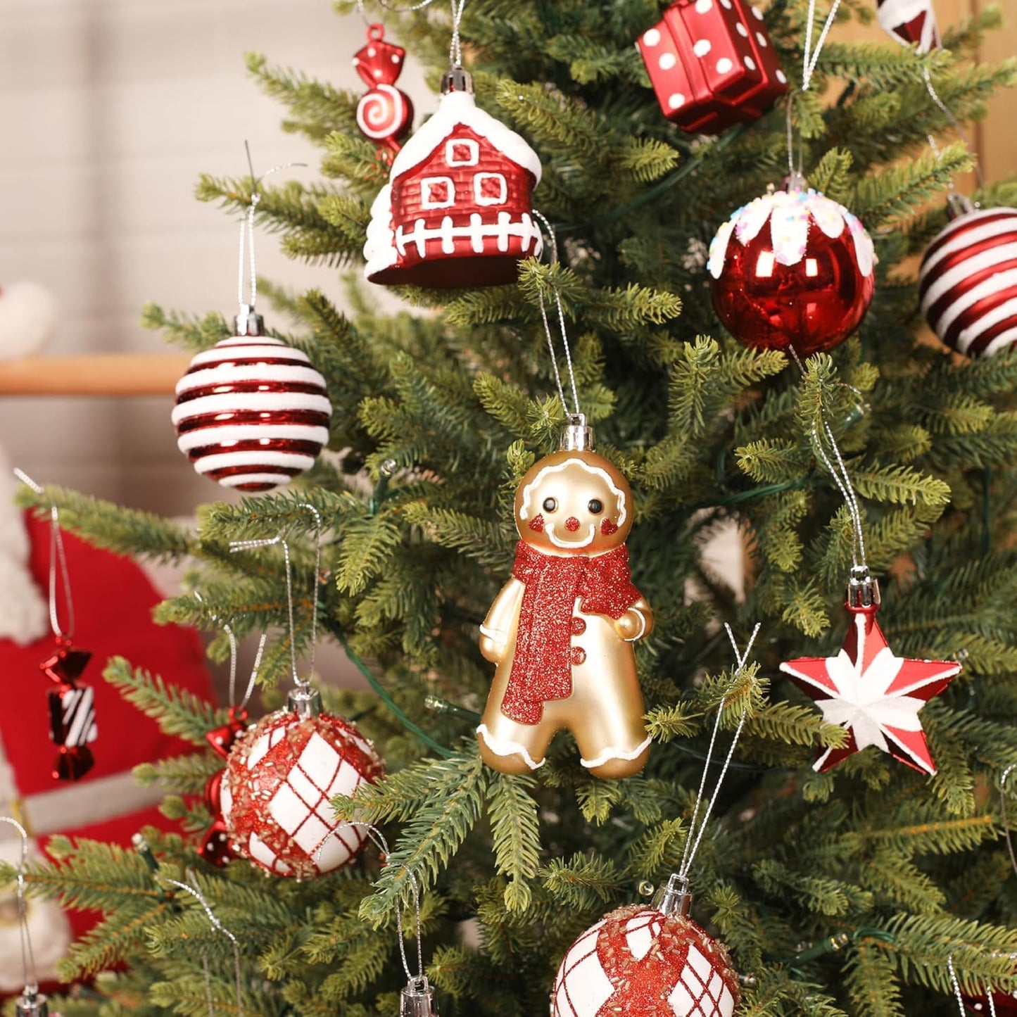 SHareconn 65pcs Christmas Tree Ornaments Set, Shatterproof Christmas Gingerbread Man Balls Bulk Gift Boxes, Hanging Plastic Decorative Baubles for Xmas Trees Decorations, Holiday Party, Red White