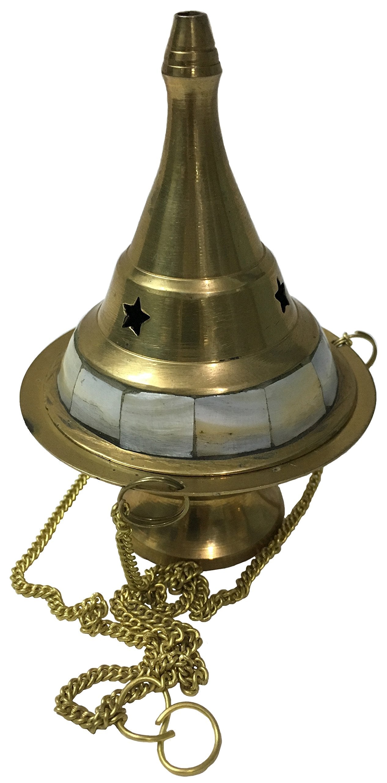 Vrinda® Brass Hanging Censer/Charcoal Incense Burner Studded with Pearl Stone | Traditional Aromatherapy Tool for Home and Meditation Spaces | Beautiful Hanging Design| 4'' High (Gold)