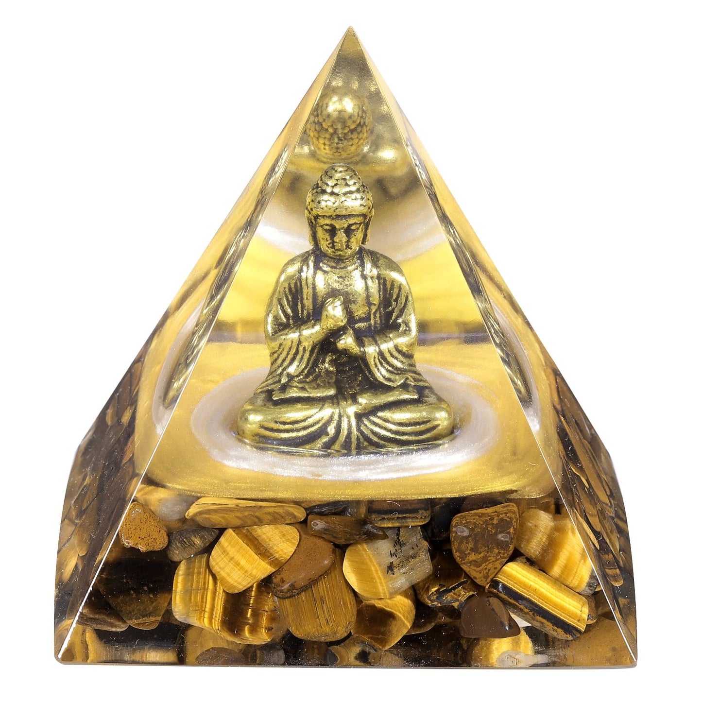 mookaitedecor Brass Buddha Statue Crystal Orgone Pyramid with Tiger's Eye Chip Stones, Orgonite Energy Generator for Healing Yoga Meditation Feng Shui Decor