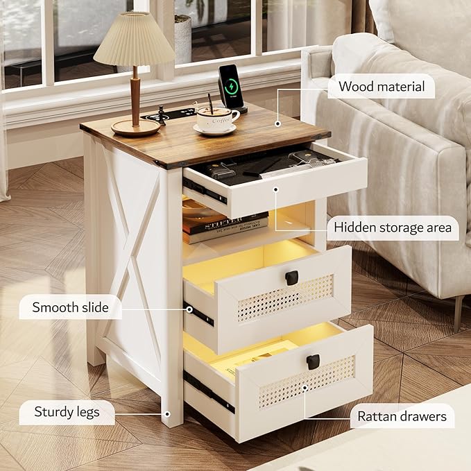 FREDEES Nightstand Set 2 with Gun Drawer, Bed Side Table with Charging Station