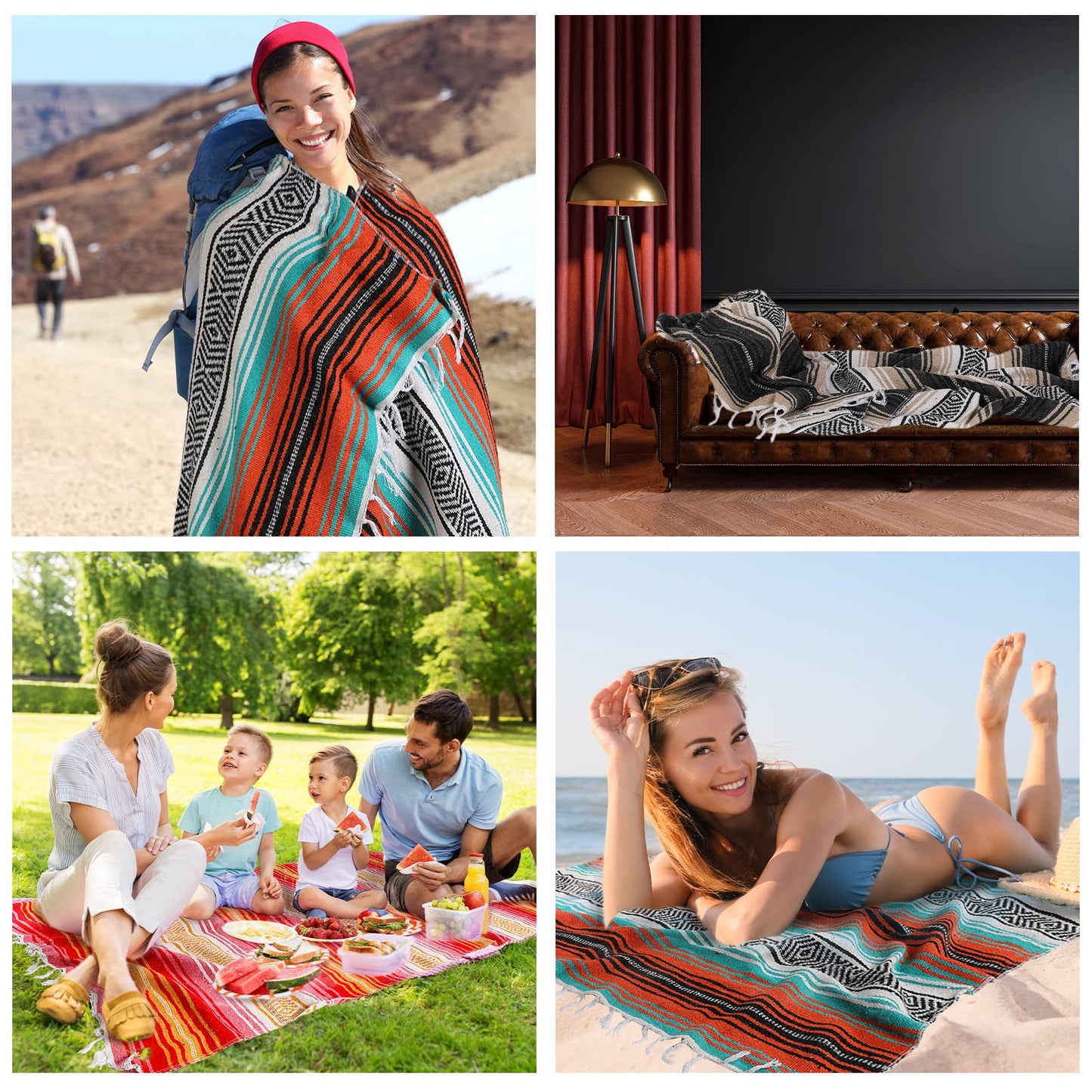 Haull 10 Pcs Large Mexican Blankets Bulk 51" x 71" Mexican Serape Blankets Yoga Authentic Throw Colorful Striped Falsa with Fringed for Outdoor Car Travel Camping Beach Picnic Patio Mat Towel
