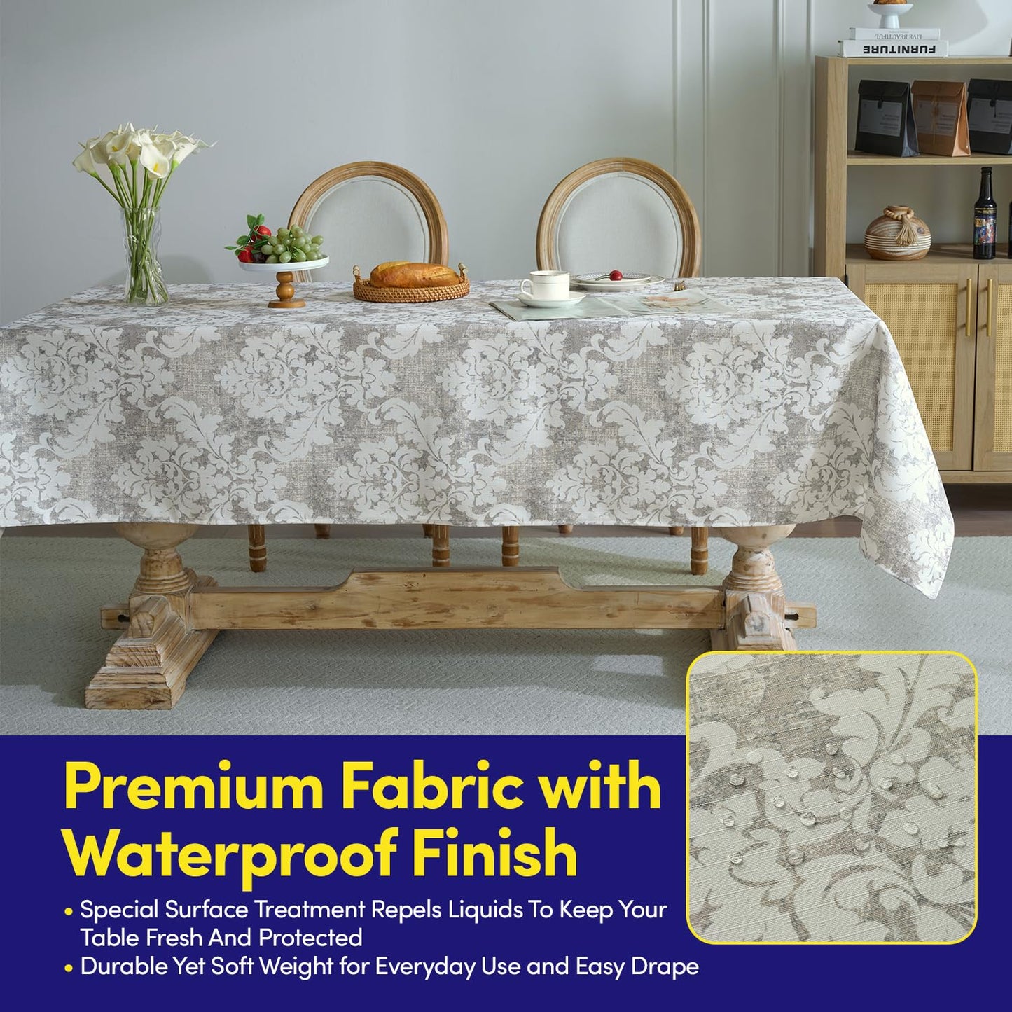 Rectangle Tablecloth 60" x 84" 100% Waterproof Fabric — Wipe-Clean, Tear-Proof Decorative Table Cover for Indoor & Outdoor Dining Elegant Patterns for Kitchens, Dining Rooms, Damask