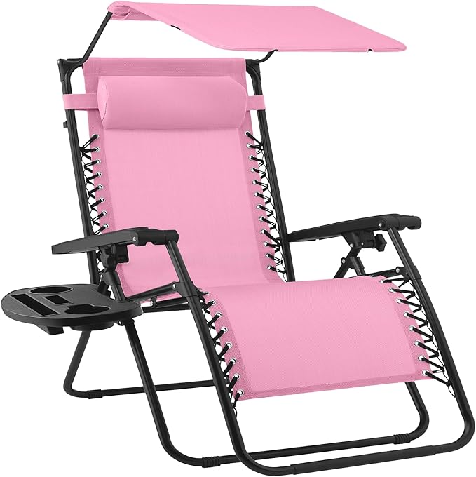 Best Choice Products 30” Wide Folding Zero Gravity Outdoor Recliner Patio Lounge Chair w/Adjustable Canopy Shade, Headrest, Side Accessory Tray - Carnation