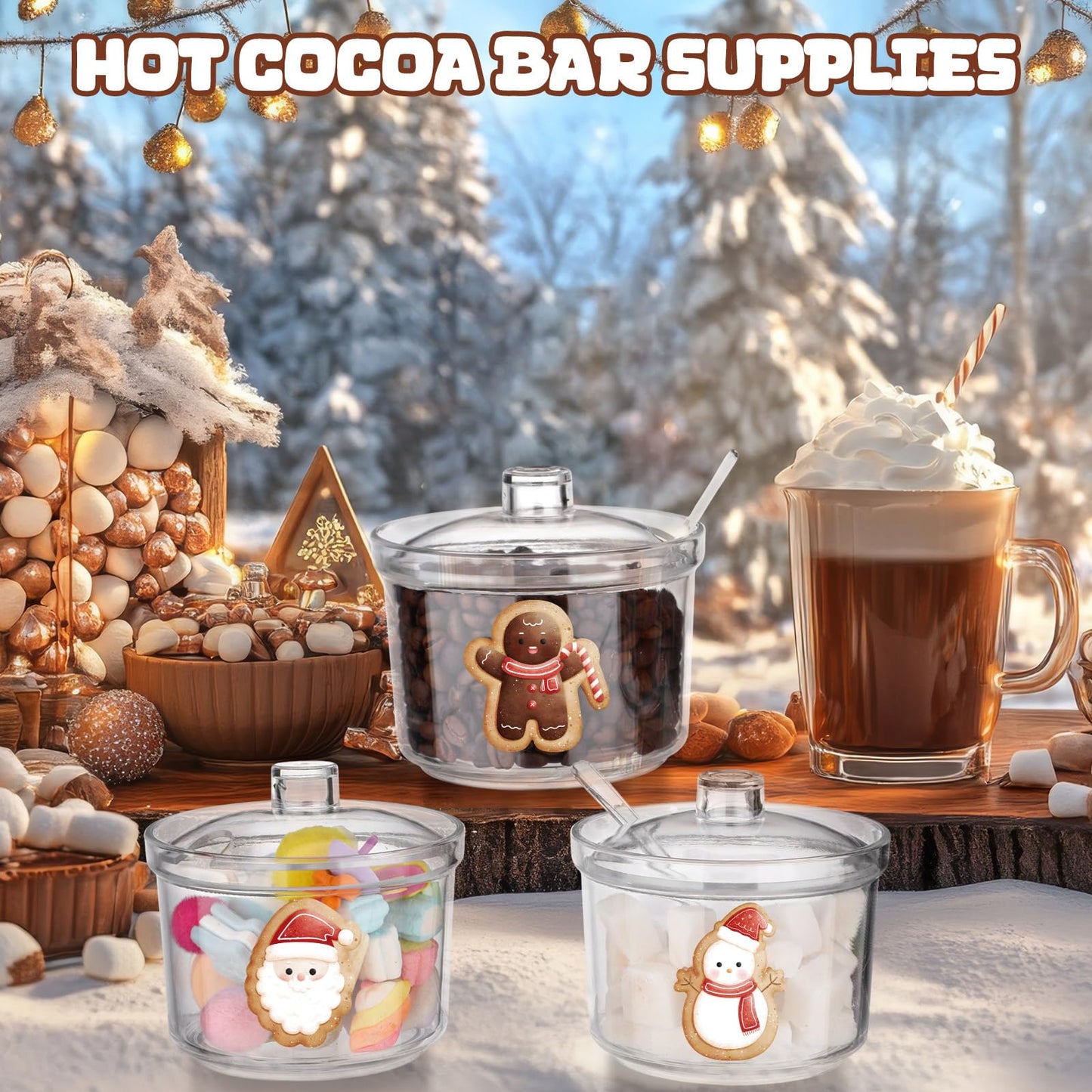 Honeydak 8 Pcs Hot Cocoa Bar Accessories Hot Chocolate Bar Containers Sugar Bowls with Lid and Spoon 12.8 oz Clear Acrylic Bowl Ice Cream Toppings Kit for Condiment Jars Seasoning Box(Stylish)