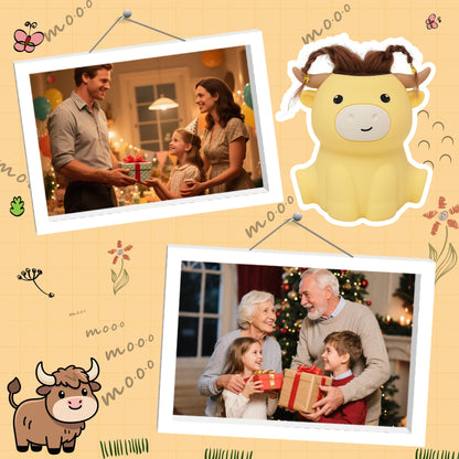 Okayera Highland Cow Night Light, Fluffy Cow Squishy Lamp for Kids, Soft Silicone Animal Nightlamp with 2 Levels Dimmable & 20 Mins Timer, Rechargeable LED Light Gifts for Baby Boys Girls