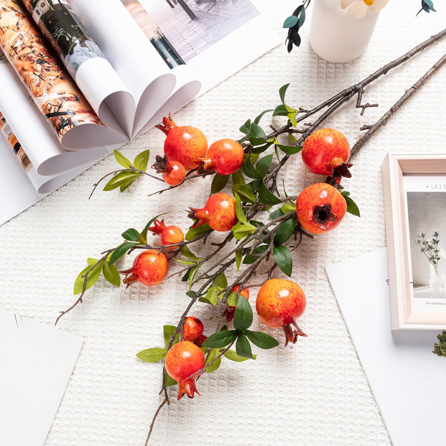 TORINALITAL 4Pcs 31.5 Inch Artificial Pomegranate Branches, Fake Fruit Branch, Artificial Plants for Living Room Dorm Decor Christmas Farmhouse Vase Arrangement Centerpiece