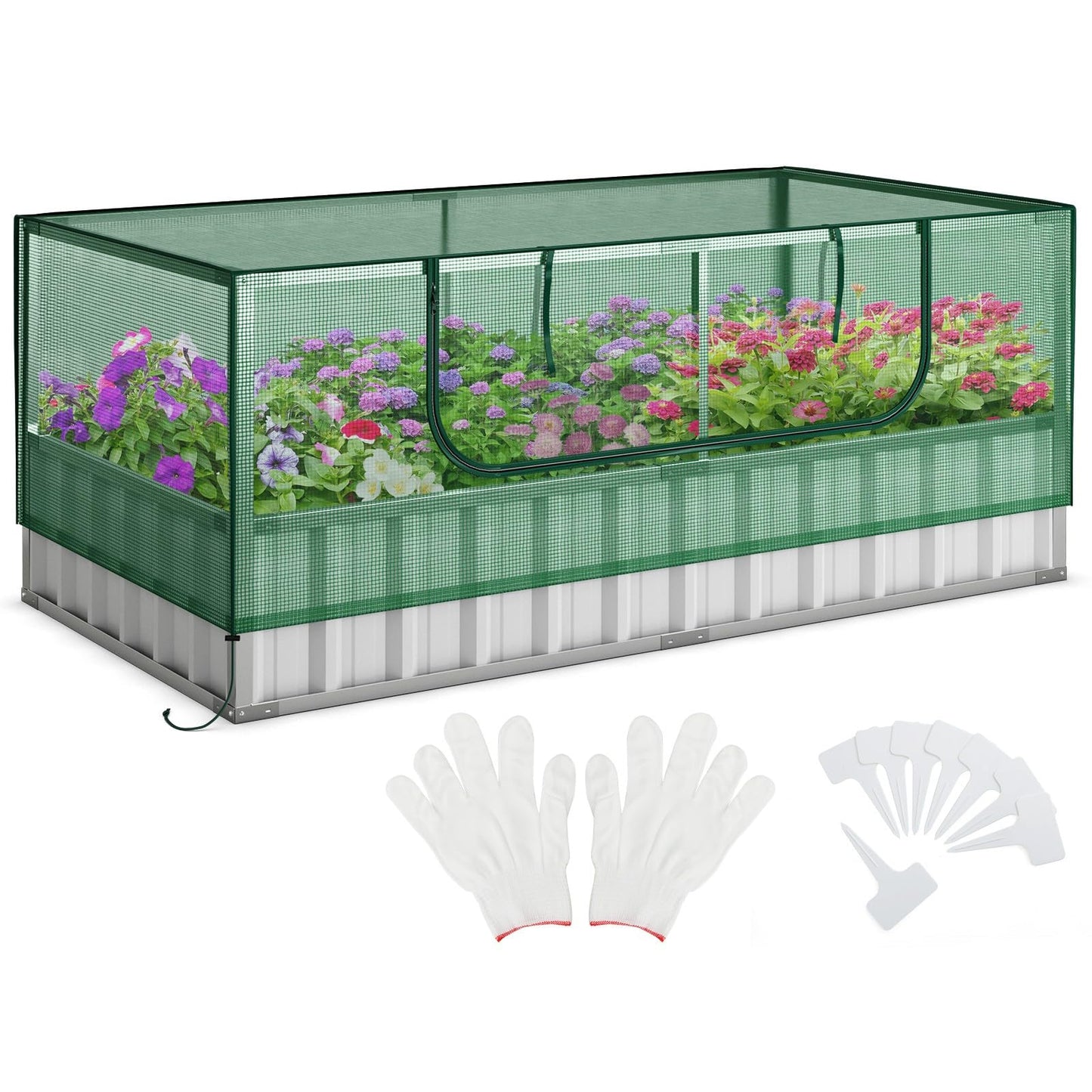 69" x 36" x 28" Galvanized Raised Garden Bed w/ Cover Roll-up Window PE Cover Greenhouse