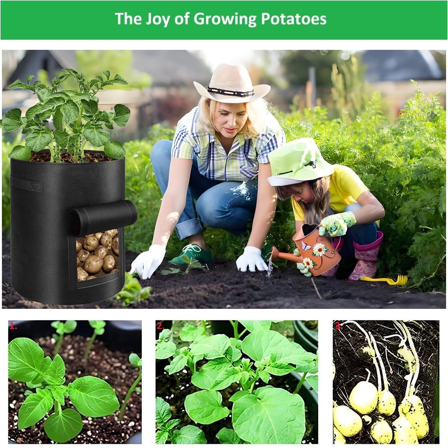YOQXHY Potato Grow Bags,(5 Pack 10 Gallon) Garden Vegetables Growing Planter with Handles and Access Flap for Planting Potato Carrot Onion Taro Radish Peanut, (Black)