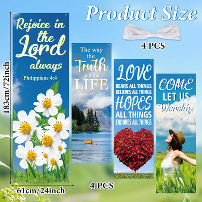 4Pcs Church Banners for Sanctuary Wall Welcome Inspirational Religious Banners Hanging Backdrop Fresh Scenic Pattern Church Banner with Scripture Bible Verses Exquisite Banner for Holiday School Decor