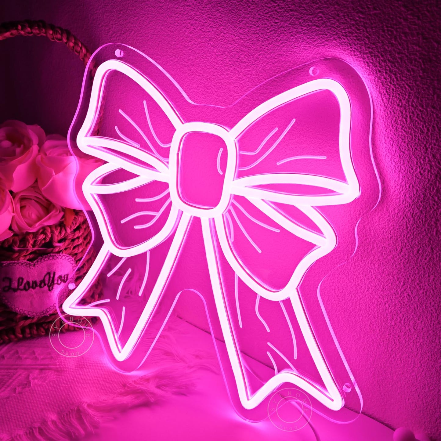 SYLHOME Pink Bow Led Neon Light Sign Cute Girls Kids Bedroom Nursery Game Room Wall Sign Decor Beauty Salon Wedding Birthday Party Backdrop 11.8" X 11.8" USB