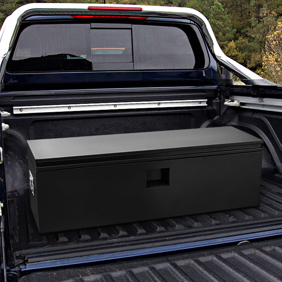 Heavy Duty Truck Bed Toolbox, Steel Truck Tool Box with Dual Lift Lids, Lockable & Weatherproof, Gas Struts, Universal Mounting for Pickup Truck Bed, RV & Trailer, Powder‑Coated Tool Storage Chest