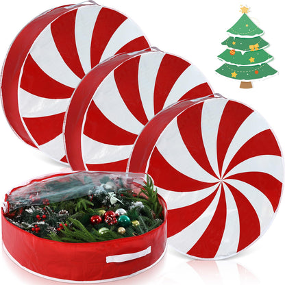 Yoojahow 4 Pcs 24 Inch Christmas Wreath Storage Bag Candy Cane Wreath Storage Container Clear Window Dual Zipper Handle Red White Peppermint Garland Organizer for Holiday Decoration, Cute Lollipop