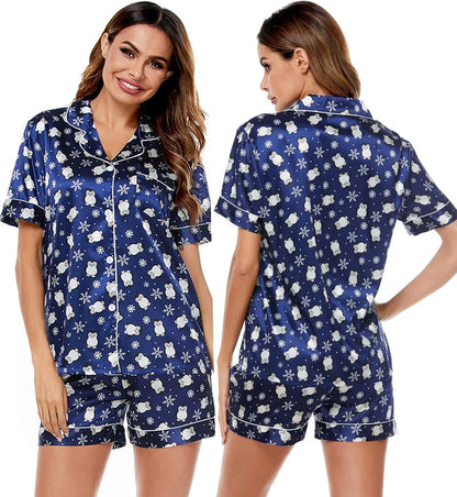 SWOMOG Womens Silk Satin Pajamas Set Short Sleeve Sleepwear Button Down Top and Shorts Loungewear 2 Piece Pjs Set XS-3XL