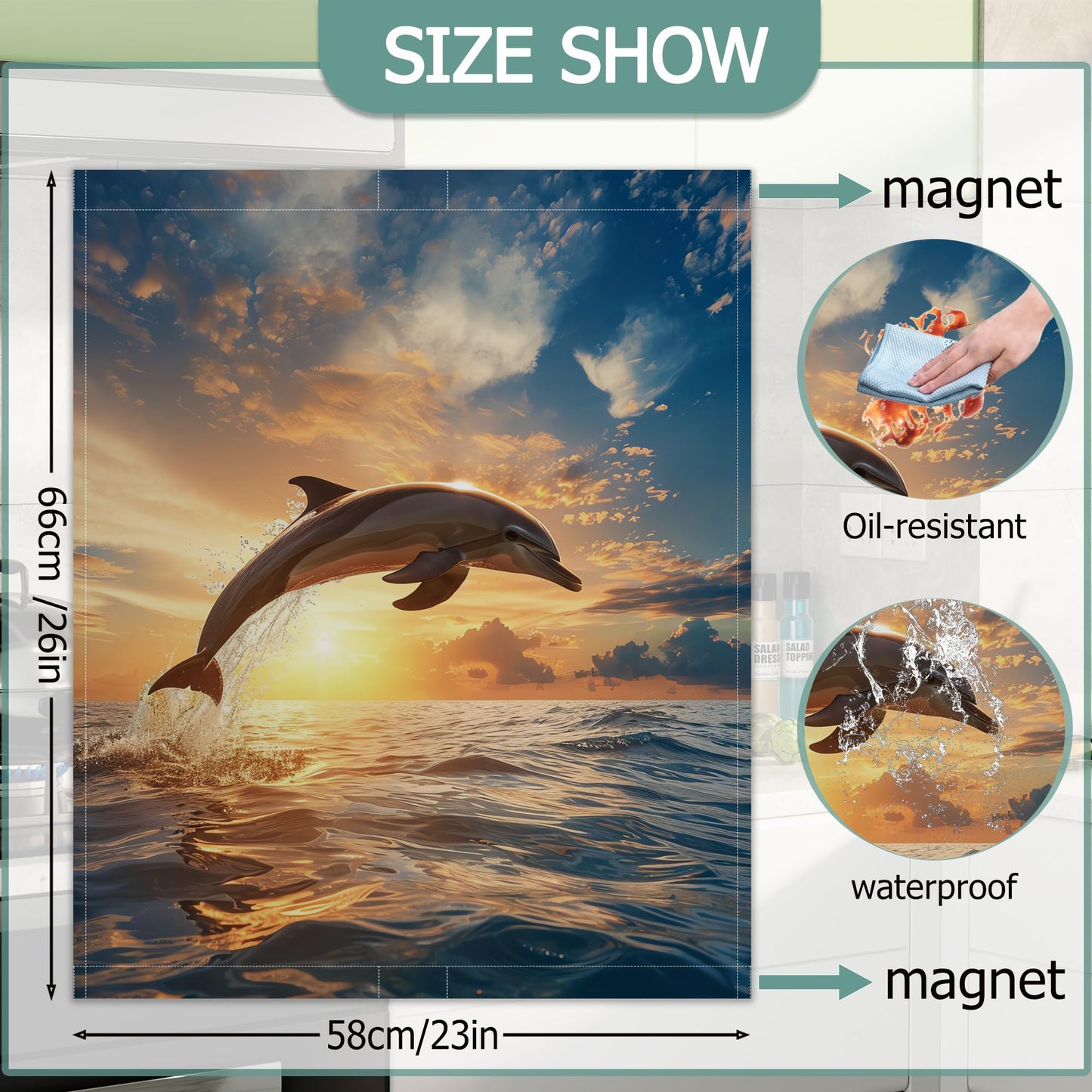 Jumping Dolphins Refrigerator Magnet Cover,Ocean Sunset Washable Dishwasher Magnets Decorative Cover,Home Kitchen Decorative Dishwasher Front Panel Cover 23x26 Inch