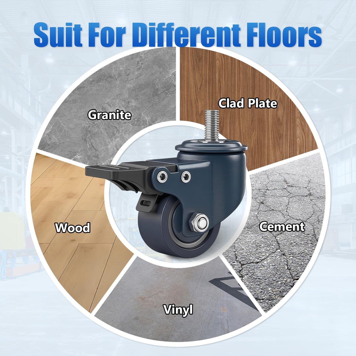 1.6 Inch Blue Polyurethane Caster Wheels, Metric M8-1.25 Threaded Stem (Screw Diameter 8mm, Length:15mm), Heavy Duty Casters Set of 4 with Locking Brakes, 450 lb Capacity for Furniture, Carts