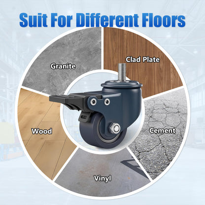 1.6 Inch Blue Polyurethane Caster Wheels, Metric M8-1.25 Threaded Stem (Screw Diameter 8mm, Length:15mm), Heavy Duty Casters Set of 4 with Locking Brakes, 450 lb Capacity for Furniture, Carts