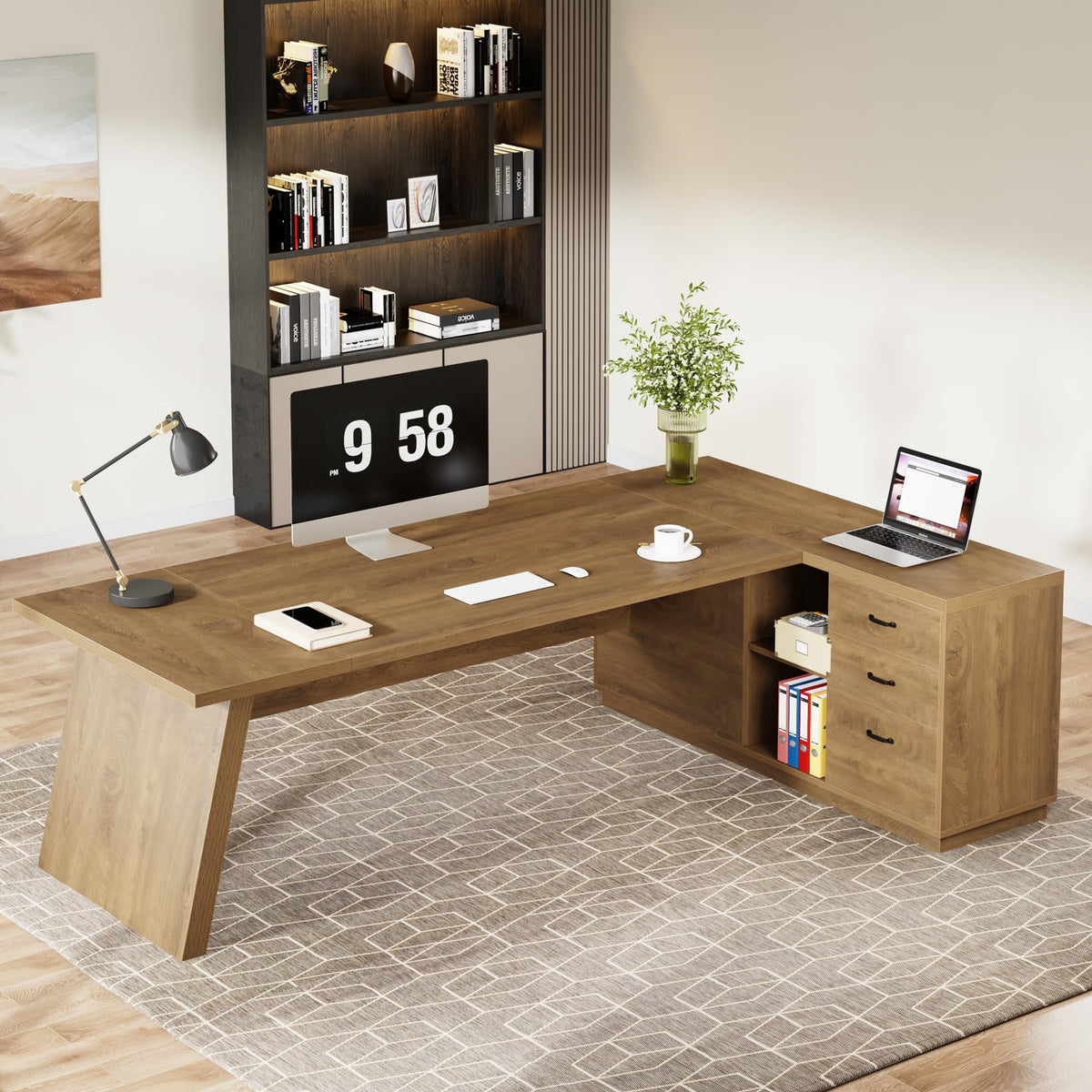 Tribesigns 78" L-Shaped Executive Desk, Large Modern Office Desk with Drawers and Lateral File Cabinet, Business Furniture with Storage Shelves, Big Computer Table for Home Office (Brown)
