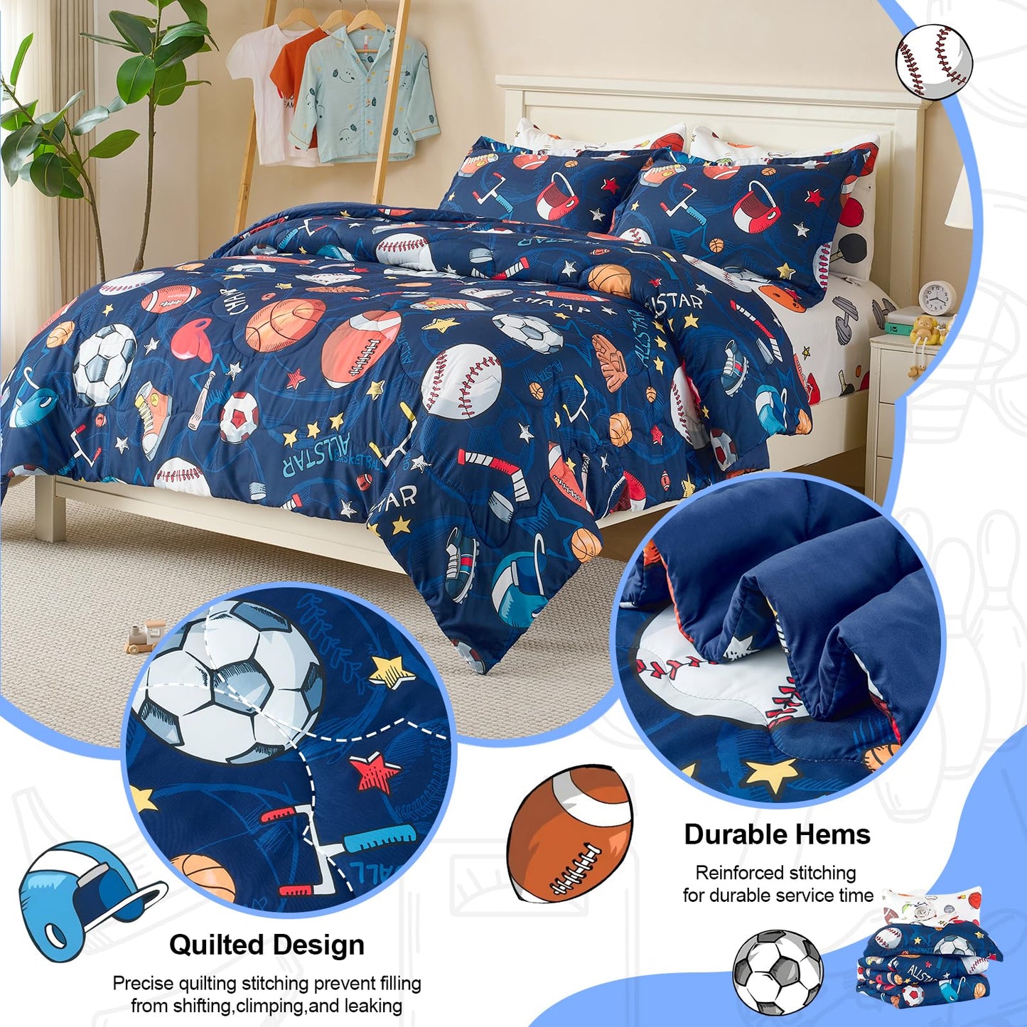 Jameswish 7 Pieces Sports Comforter Set for Boys Kids Soft Fluffy Baseball Bedding Set Twin Size with 3D Soccer Basketball Football Design Bed in A Bag as Gifts
