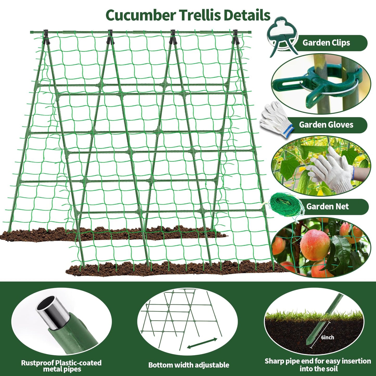 A-Frame Cucumber Trellis for Raised Bed - 63”H x 47”W, Heavy-Duty Detachable Garden Trellis with Netting & Clips, Support for Climbing Outdoor Cucumber, Tomatoes, Luffa, Bitter Melon, Vining Flowers