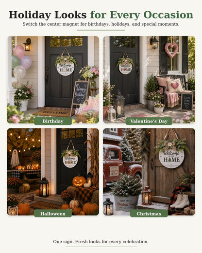 Interchangeable Welcome Sign for Front Door, Round Farmhouse Door Hanger with 12 Changeable Seasonal Magnets, Welcome to Our Home Porch Decor, Rustic Wood Look Wall Sign for Entryway and Housewarming Gift