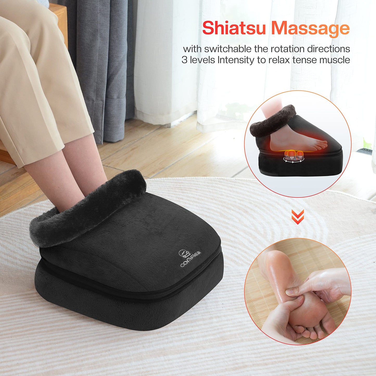 COMFIER Foot Massager with Heat, Electric Foot Warmer,Gifts for Women,Men, Shiatsu Feet Massager Machine for Plantar Fasciitis,Neuropathy, 2-in-1 Foot & Back Massager, Foot Heater