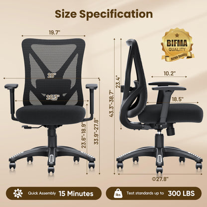 MOLENTS Ergonomic Office Chair, Mesh Computer Desk Chairs with Adjustable Lumbar Support, 3D Armrests, Tilt Function, Comfy Wide Seat, Executive Work Task Chair for Company and Home (Sponge Cushion)