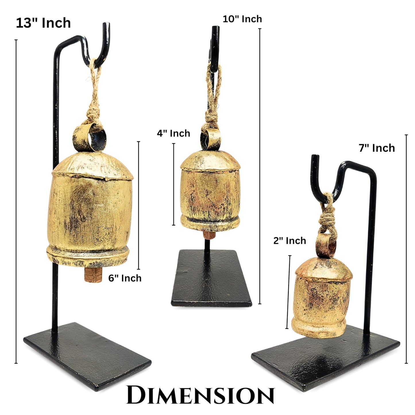 Pack of 3 Golden Bells with Metal Stand in Black Colour in Single Pack, Harmony Cow Bells Christmas Hanging XL Bells On Rope (3, Rectangular)